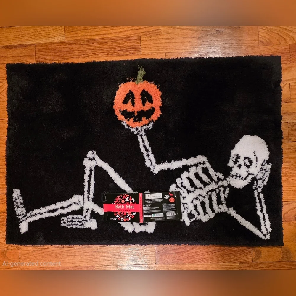 Riviera Halloween Skeleton Bath Mat - Black, White, and Orange NEW